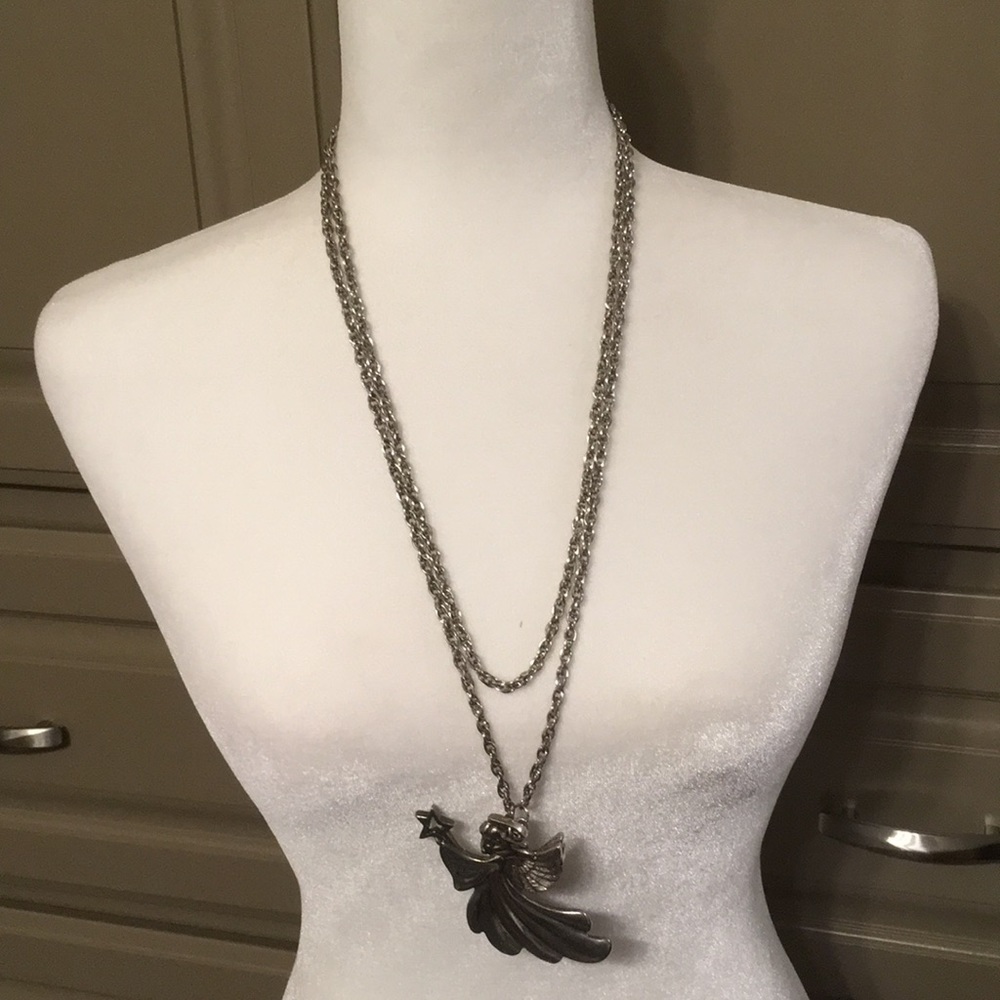 54” silver plate angel necklace